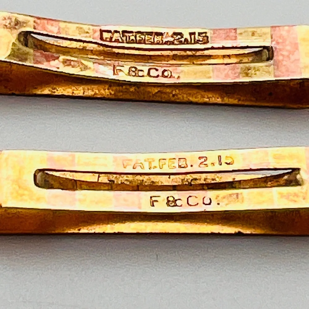 Antique F & Co Engraved Collar Clips Gold Tone Pat 1915 Set 2 Edwardian